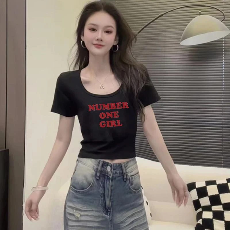 黑色字母印花圆领短袖t恤女短款露肚脐夏季新款百搭小个子上衣潮