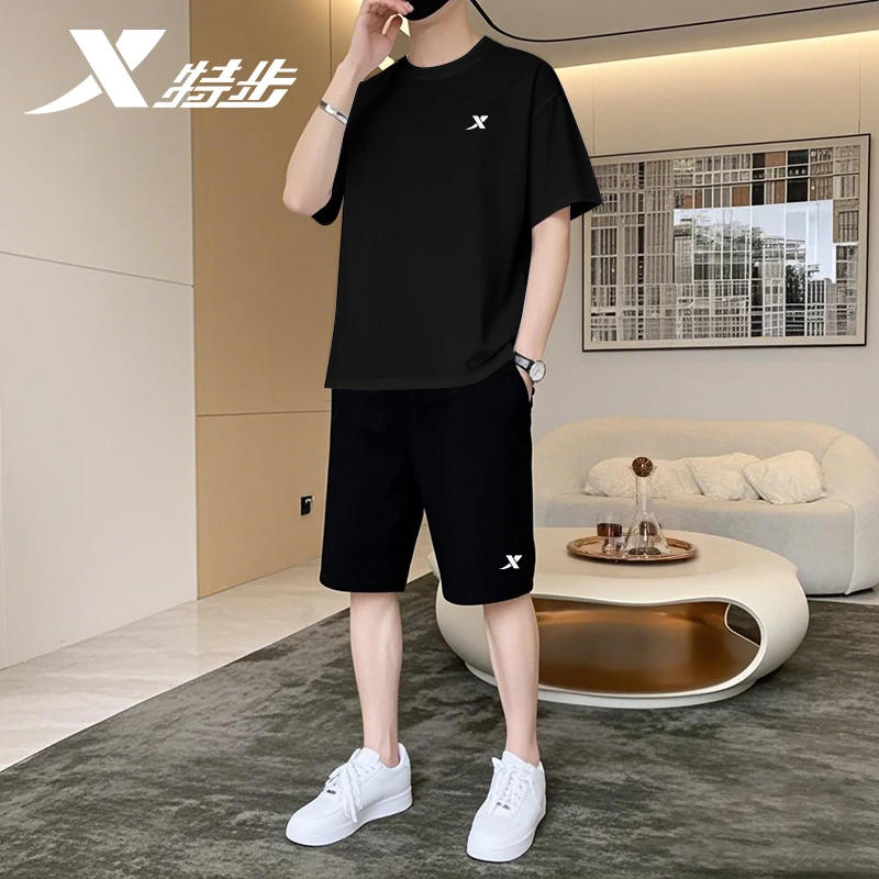 特步运动套装男速干夏季冰丝宽松薄款健身跑步服正品短袖两件套男
