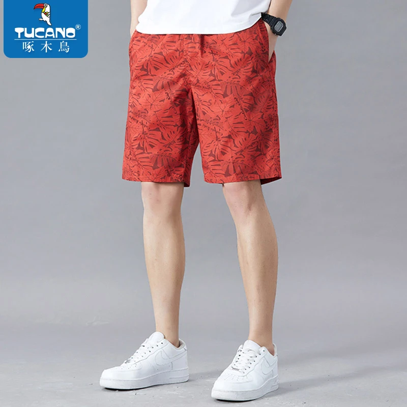啄木鸟夏季纯棉短裤男款宽松休闲五分裤子男士潮流百搭印花沙滩裤