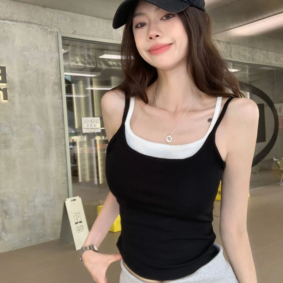 假两件蝴蝶结镂空美背吊带背心女固定胸垫拼接撞色修身打底背心E