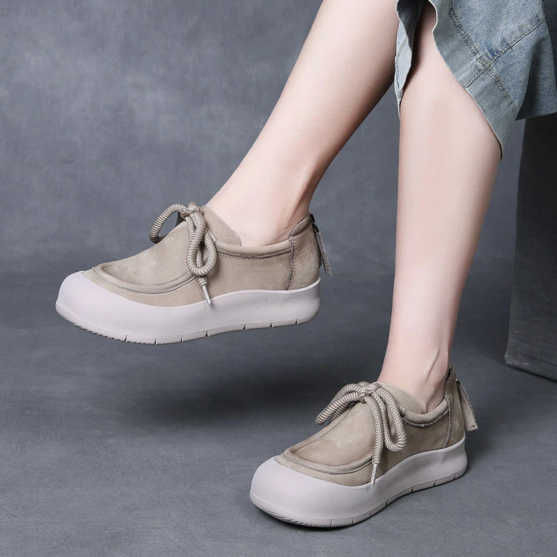 2025春夏新款头层牛皮休闲女鞋后拉链平底皮鞋真皮软底系带单鞋