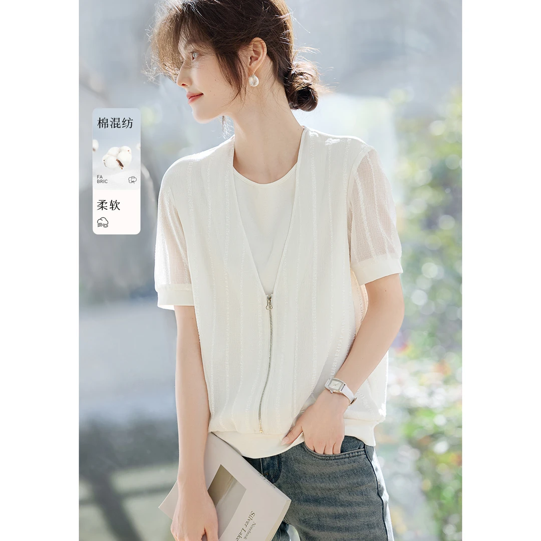 XWI/欣未2025夏典雅干净知性纯色肌理拼接假两件棉衬衫01993