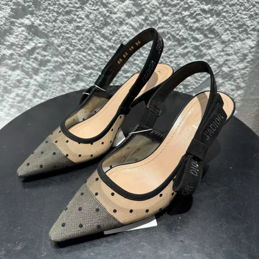 95新 DIOR/迪奥 36码/仔仔女鞋/黑色网纱波点女士尖头高跟鞋 950