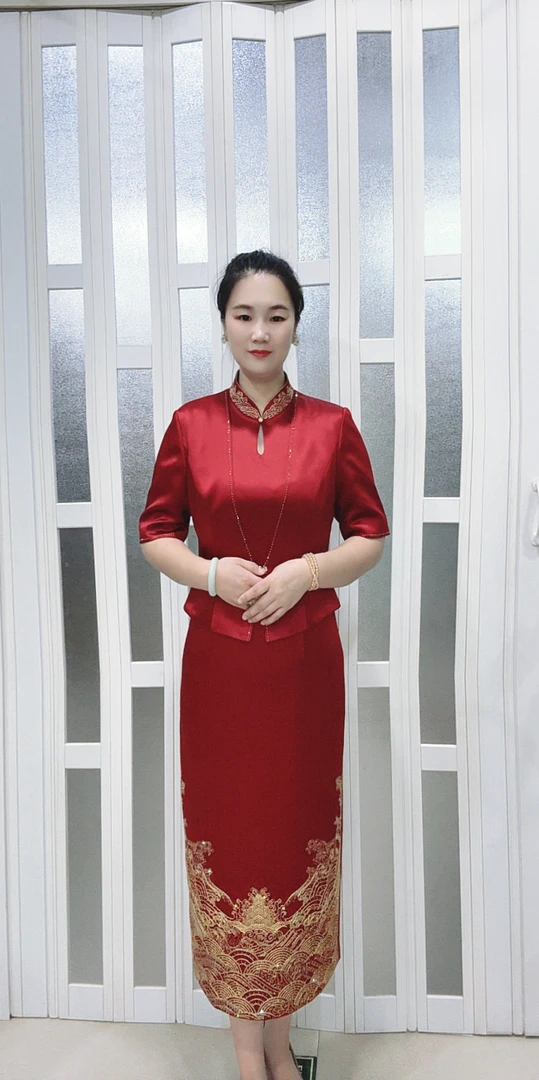 朱紫褕17989酒红色假两件旗袍喜婆婆高贵奢华婚庆礼服