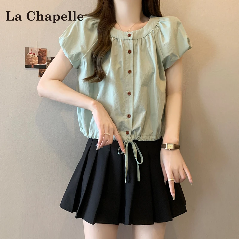 拉夏贝尔小清新甜美泡泡袖抽绳短袖t恤女2025夏新款胖MM大码上衣