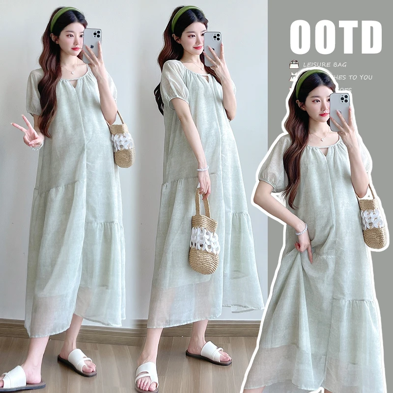 200斤夏季新款孕妇装浪漫百搭休闲V领长裙宽松外出孕妇显瘦连衣裙