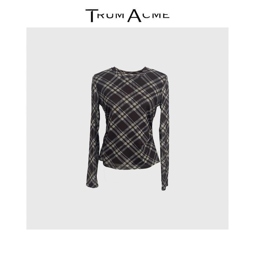 TrumAcme~2025新款圆领长袖打底衫菱形水洗撞色T恤衫时尚百搭收腰