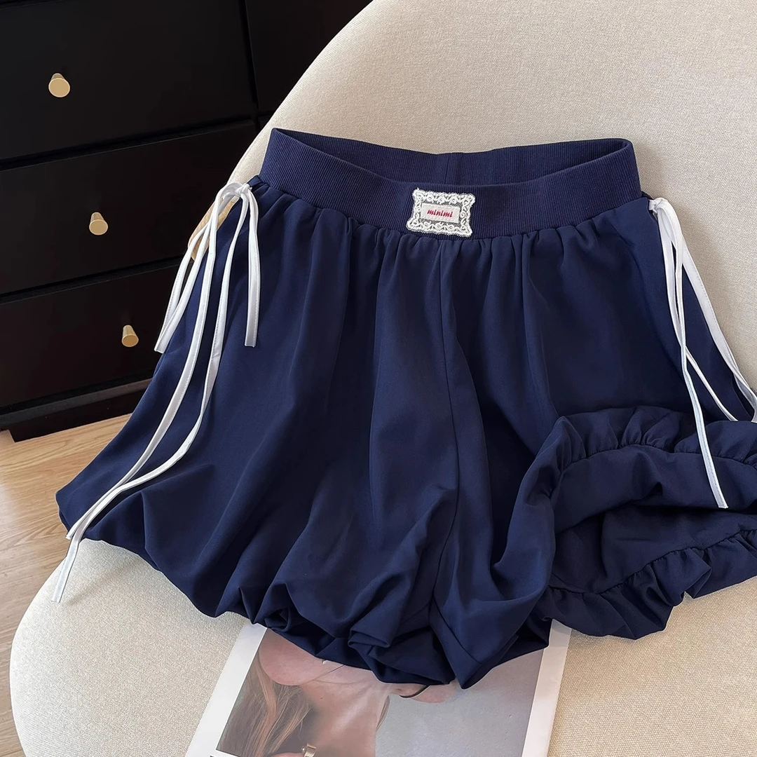 夏季新款潮流藏蓝色显白休闲A字显瘦短裤韩系仙女小众花苞裤女