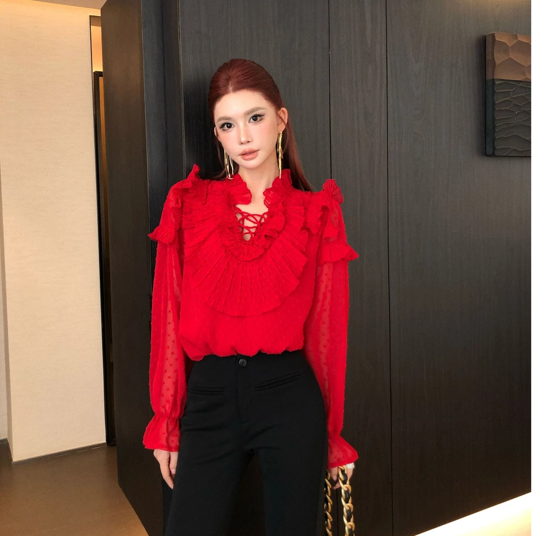 婉君Q【短剧女主】早春新款时尚气质高级感花边衬衫LWJ25D4T4540