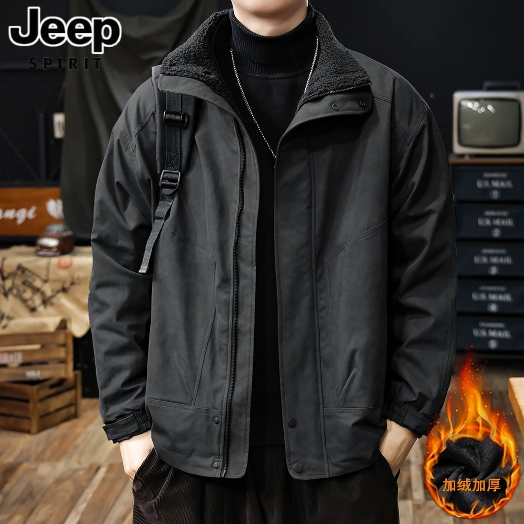 JEEP吉普男士加绒加厚夹克户外防风保暖棉衣宽松秋冬季羊羔绒外套