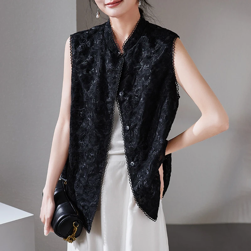 时尚百搭刺绣立领单排扣无袖马甲2025年秋季新款女气质上衣背心