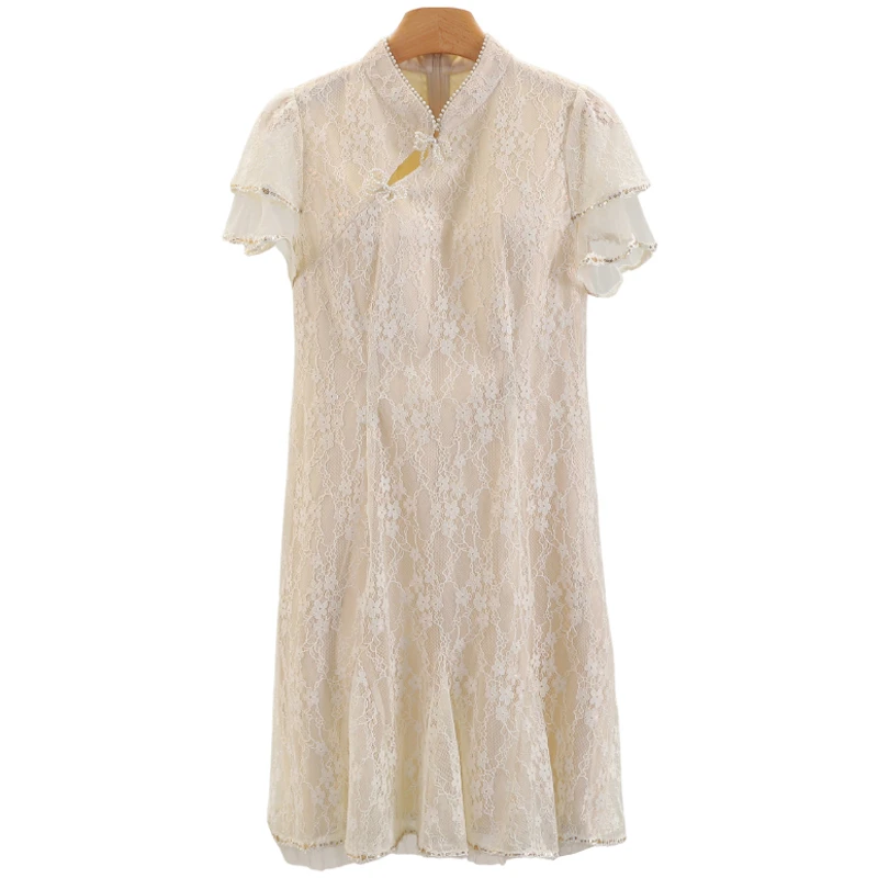 F1057-【郁】新中式绣花立领短袖珠珠连衣裙#XYX56L015