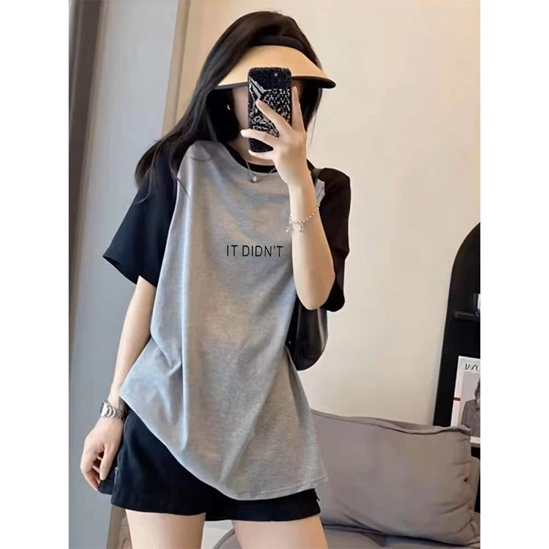 2025新款短袖t恤女撞色打底衫时尚百搭设计感小众宽松上衣春秋季