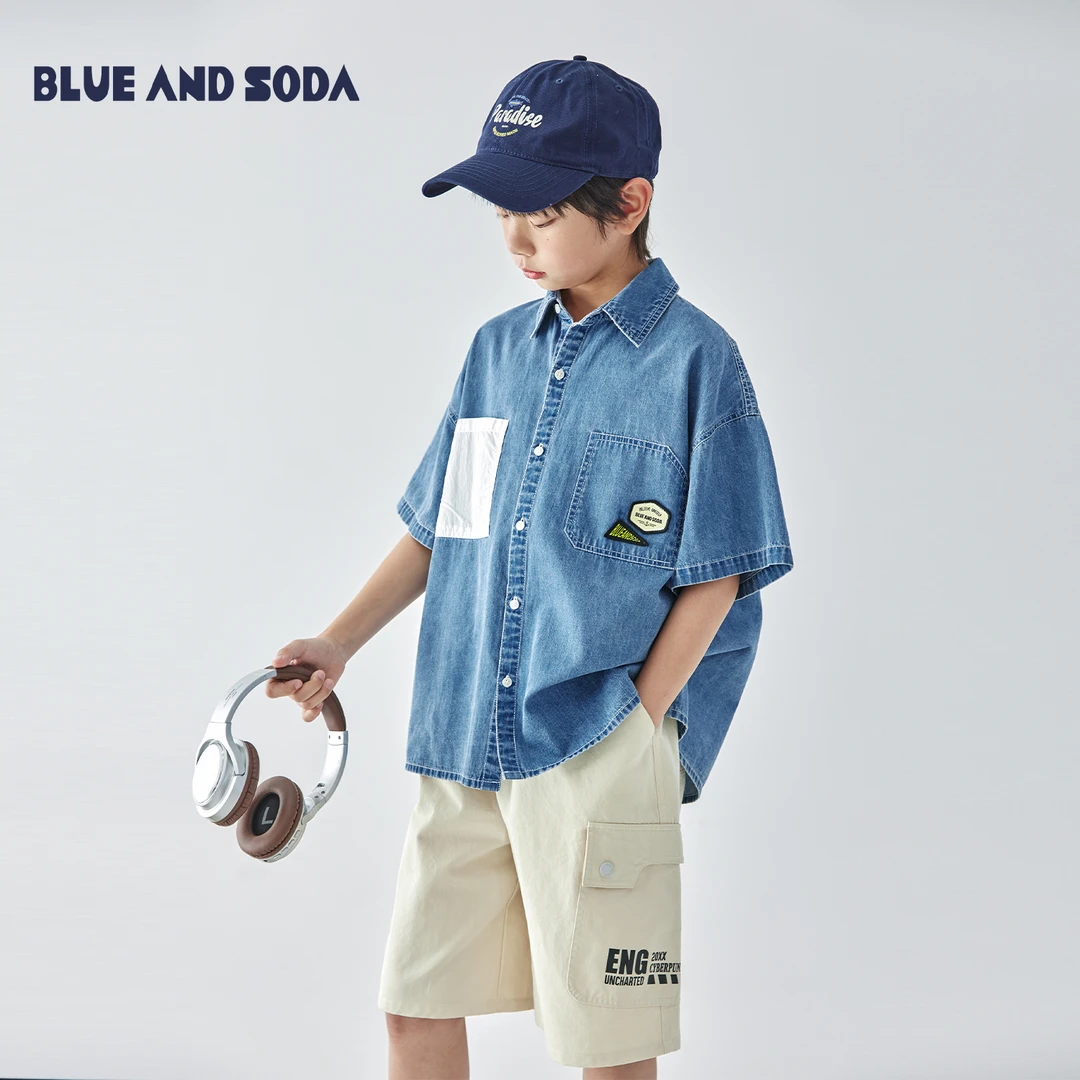 蓝汽水25春夏复古全棉牛仔短袖衬衫撞色口袋山系慵懒风亲子上衣