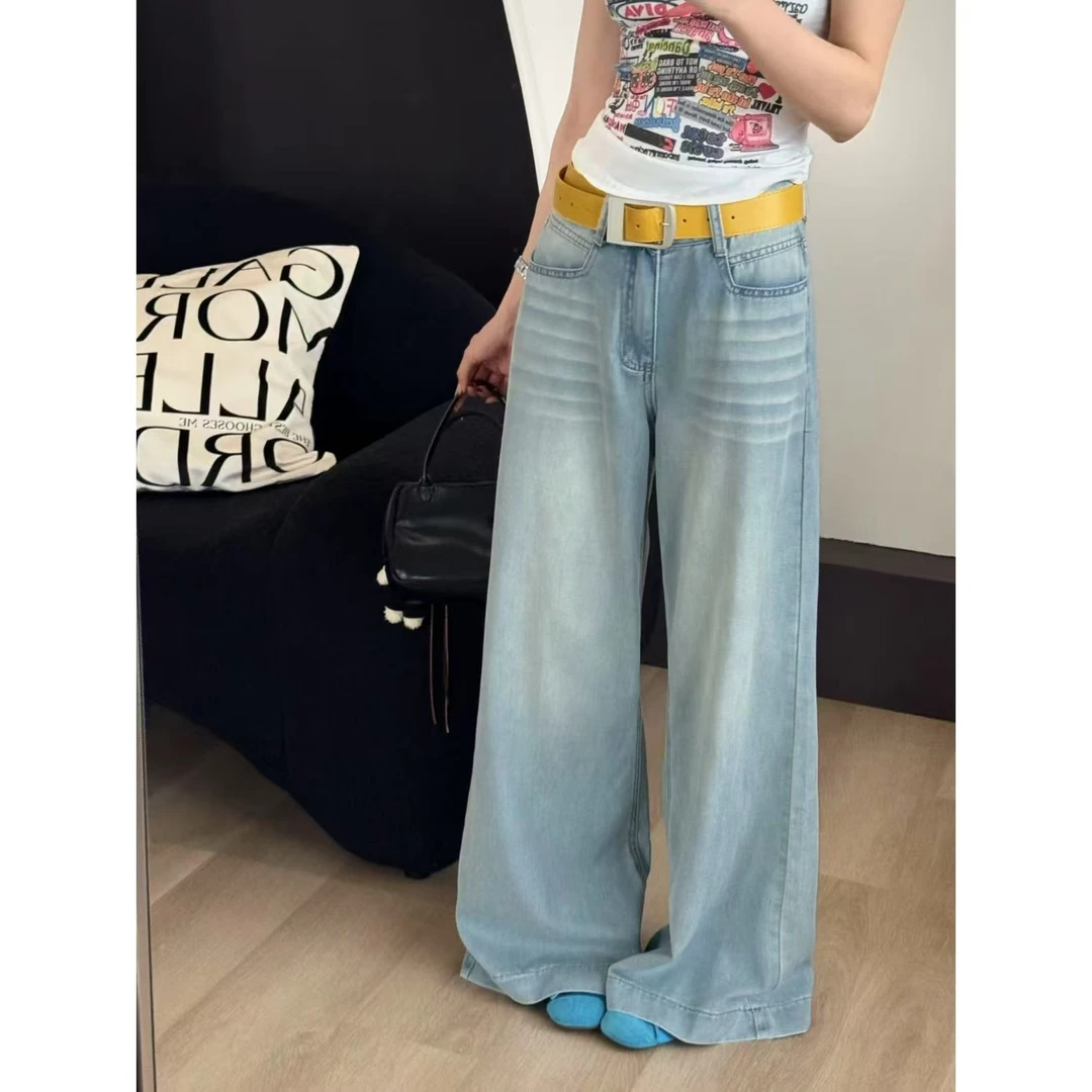 SP【蓝调带点忧郁】搭配皮带超好看美式街头直筒阔腿牛仔裤女款
