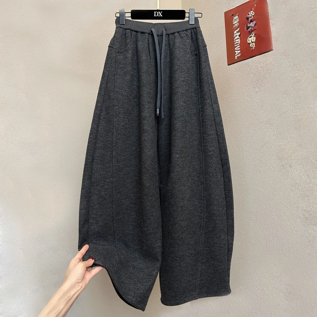 高端欧货秋冬新款今年流行好看加厚高腰绑带宽松直筒休闲裤毛呢裤