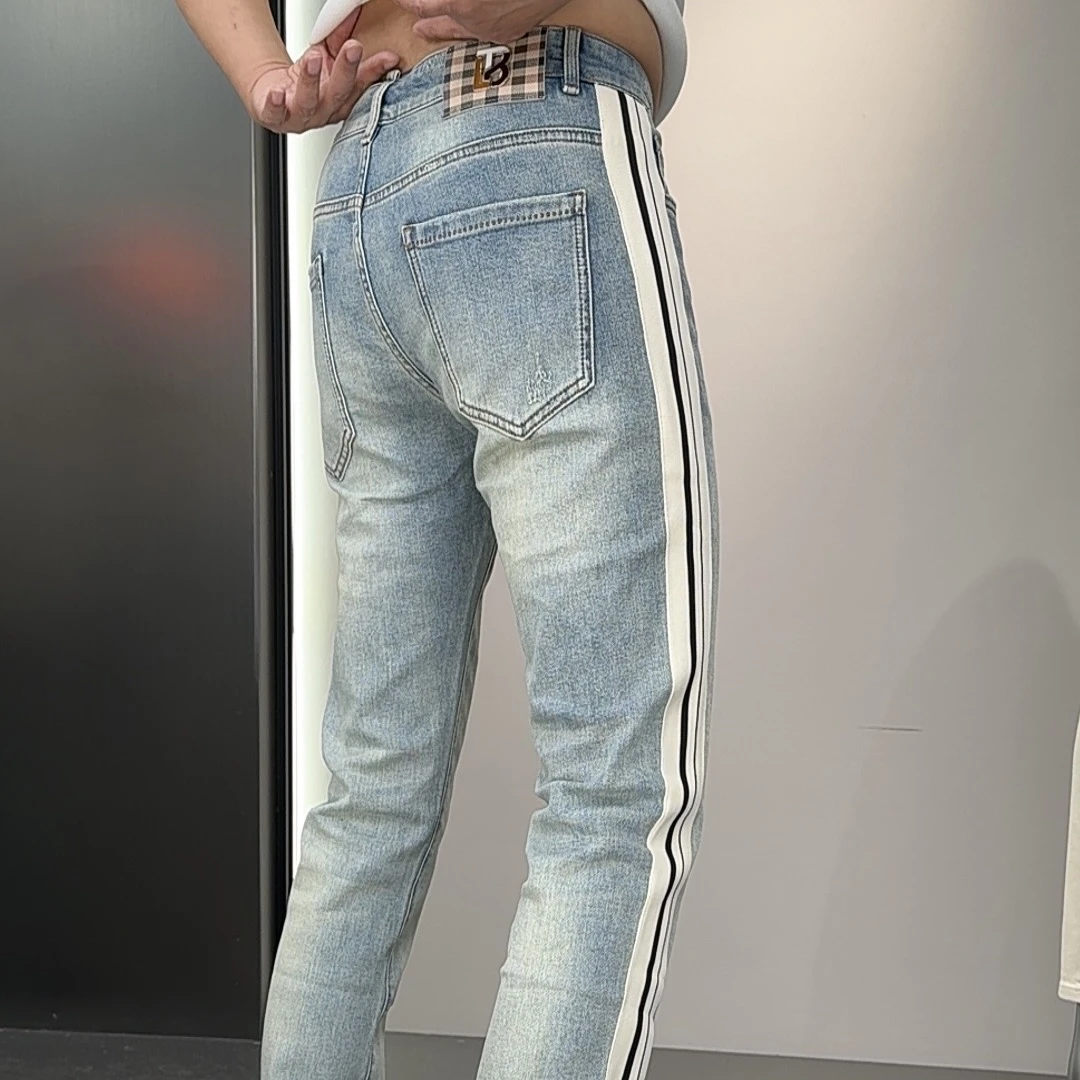 花火鸟早春新款 男士织带蓝色修身小直脚牛仔裤 潮流百搭裤子8208