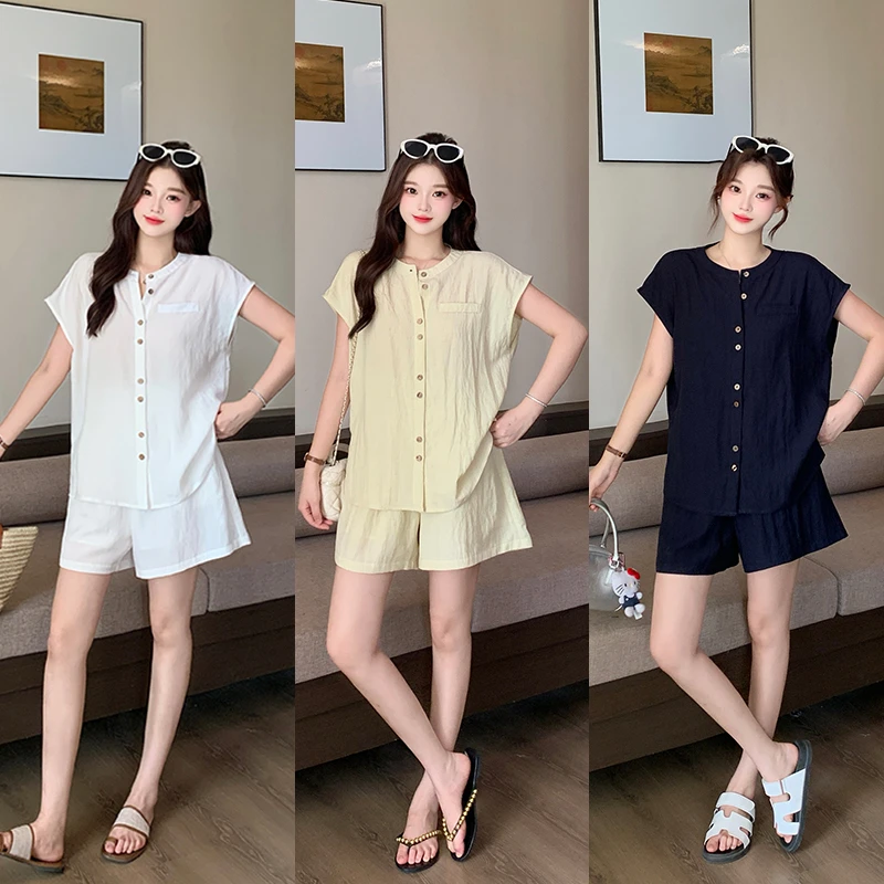 2025夏季新款大码女韩系减龄高级无袖衬衫短裤套装两件套22807