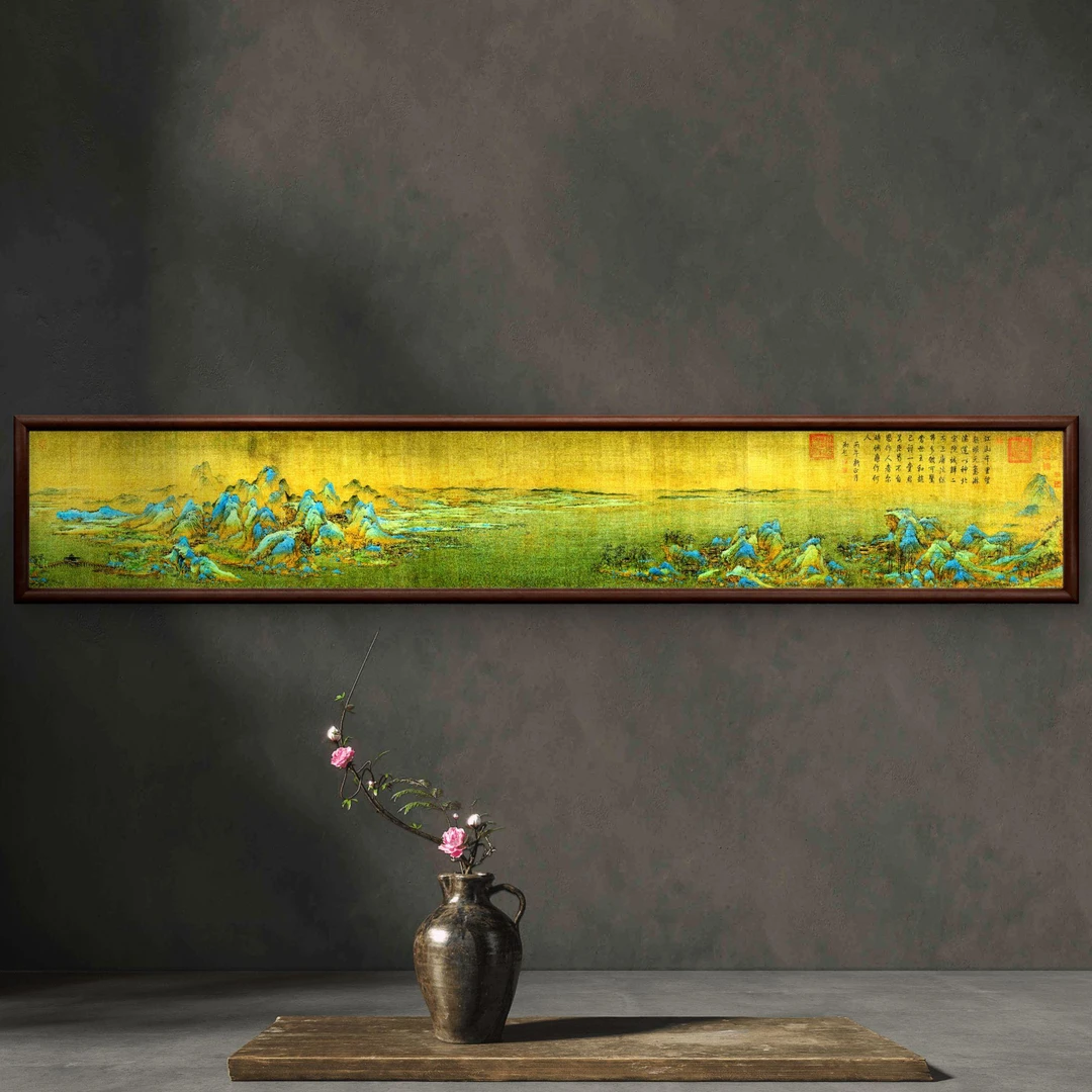 070-40*240千里江山图中式装饰画实木框书房茶室客厅背景墙挂画