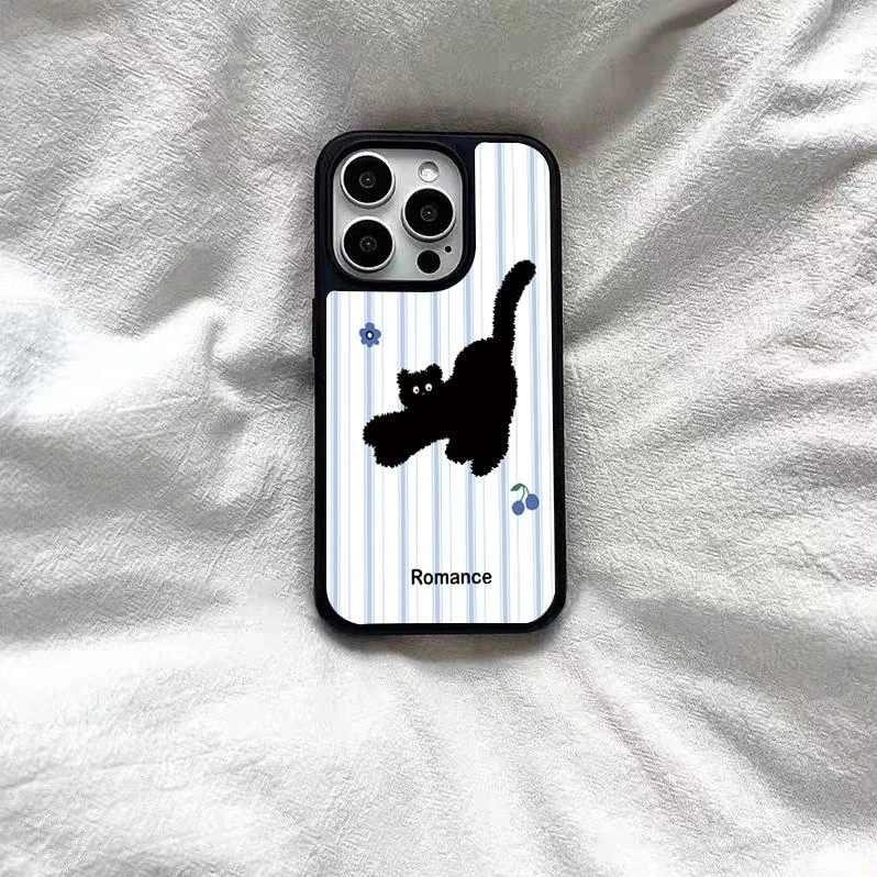 新款韩风AYJ菲林条纹黑猫Y手机壳@适用苹果16华为p70/p60小米15荣