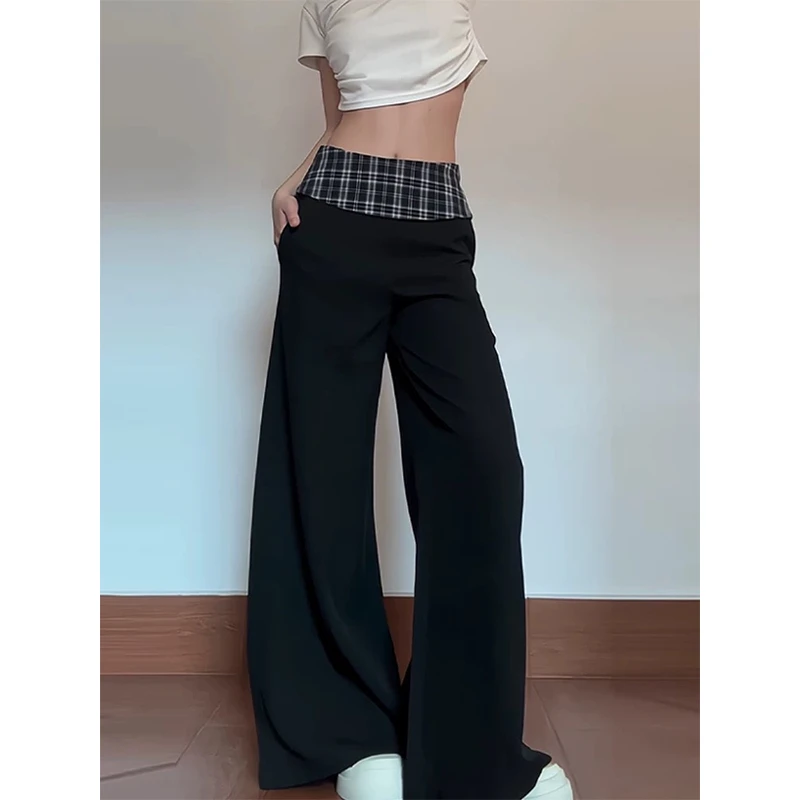 格纹拼接西装休闲裤女春夏季宽松阔腿裤垂感拖地长裤直筒裤