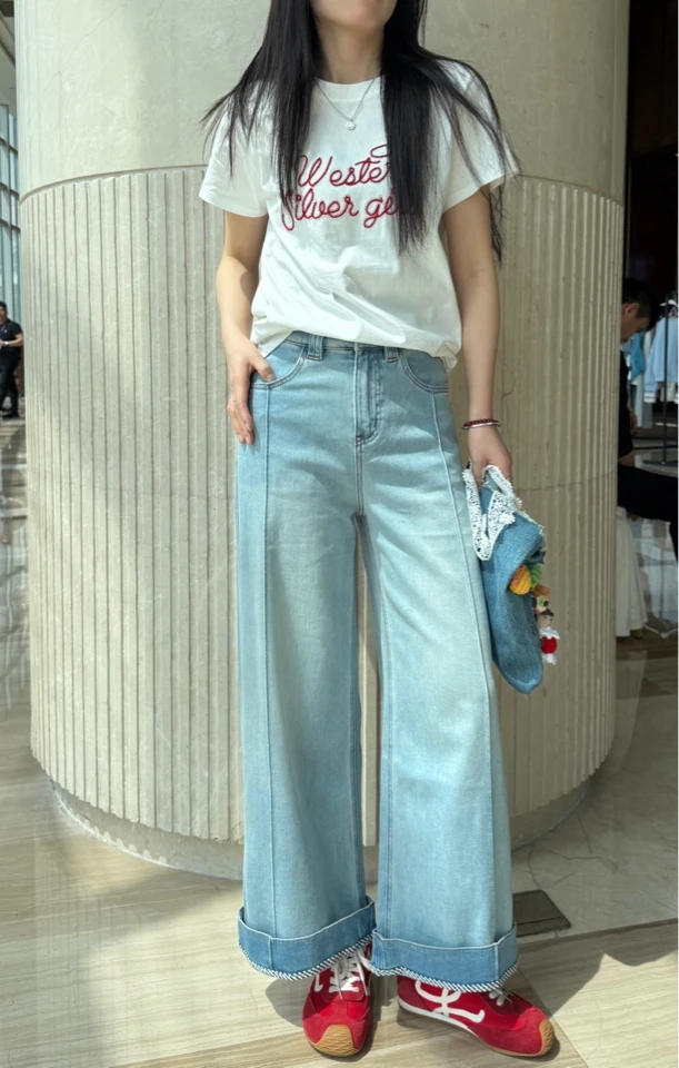 显瘦窄版阔腿裤牛仔女款爆款2025春高腰宽松百搭垂感直筒裤拖地裤