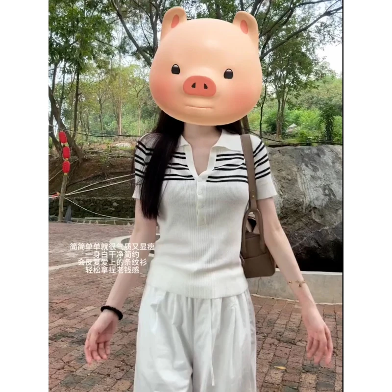 2025年夏季高级感时尚条纹纽扣半开领短袖T恤女修身显白显瘦上衣