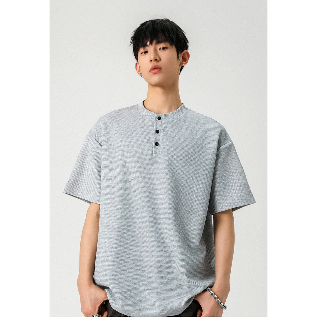 华夫格亨利领重磅短袖t恤男夏季美式boxy潮牌高级感休闲五分半袖