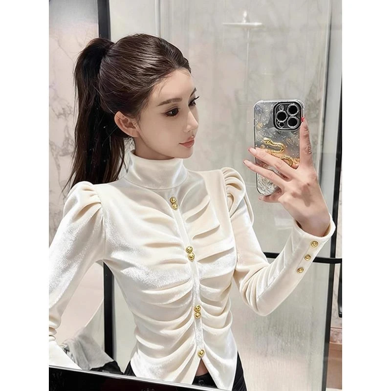 法式高端精致小资衬衫女高级感轻奢减龄洋气秋冬打底丝绒高领上衣
