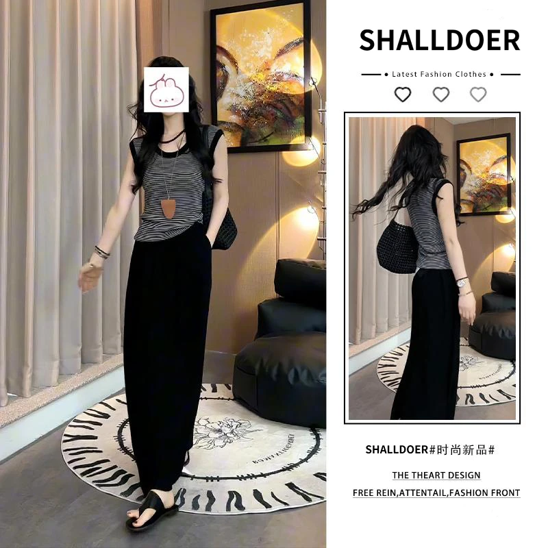 2025年夏季条纹无袖上衣黑色修身半身裙微胖显瘦气质高级感两件套