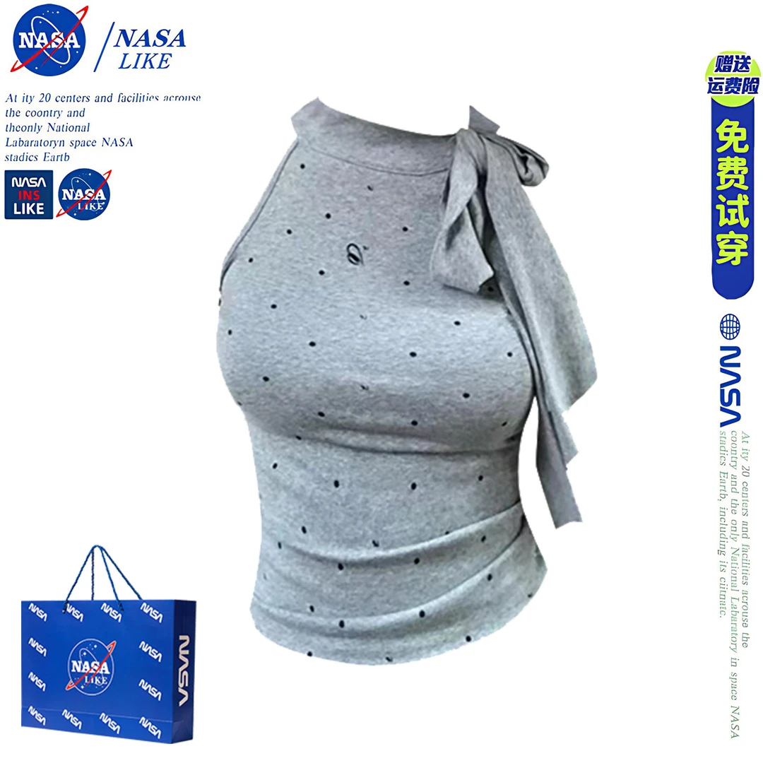 NASA纯欲辣妹波点蝴蝶结绑带设计无袖背心T恤女外穿绝美上衣夏季