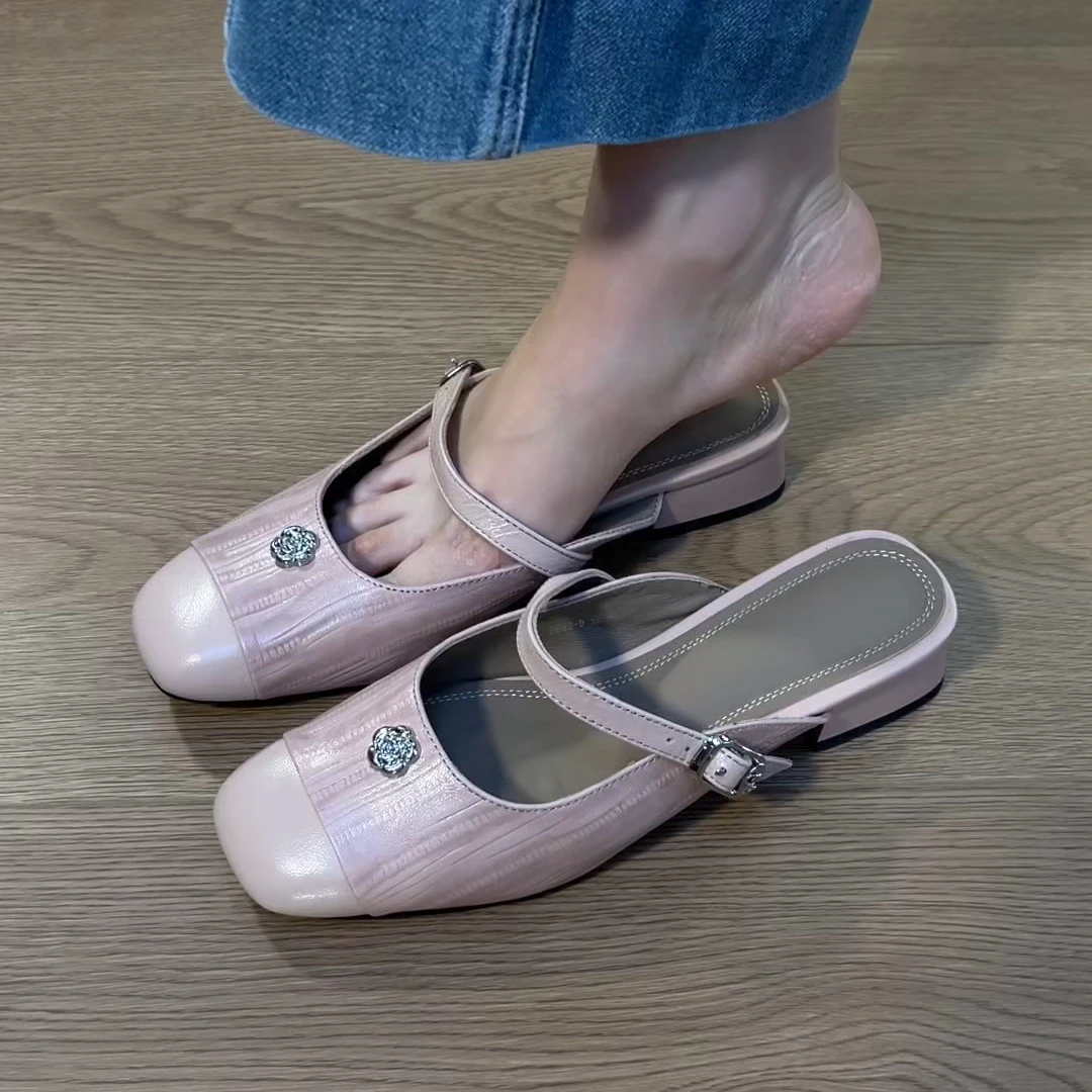 半拖2025夏季新款温柔复古山茶花凉拖鞋包头玛丽珍半拖鞋女外穿