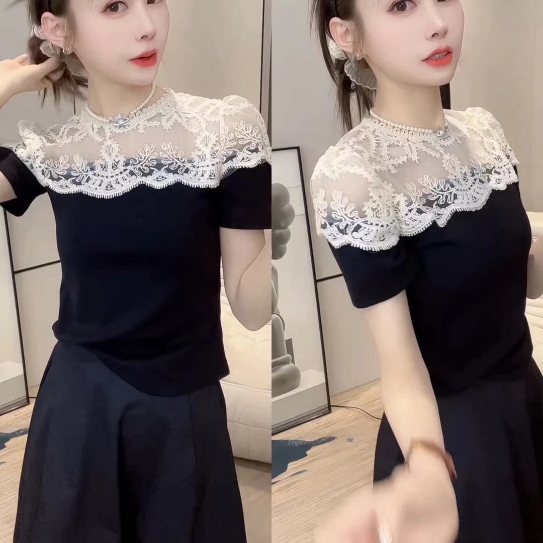 轻熟风蕾丝拼接短袖上衣女夏季新款时髦小众设计洋气14271427