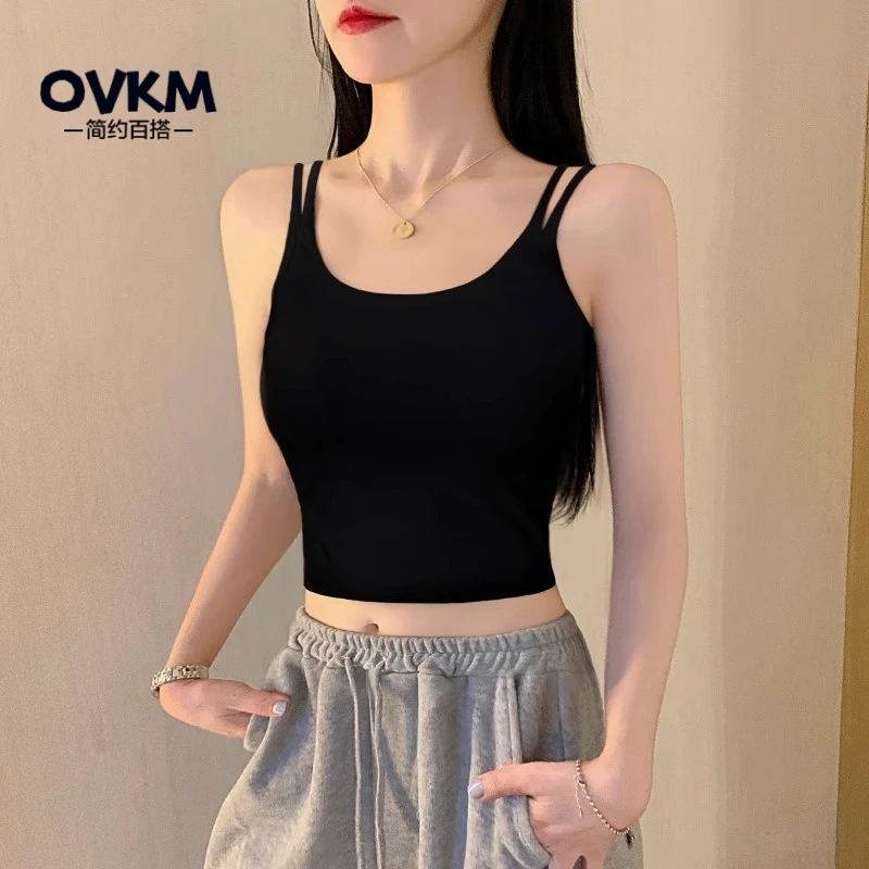 OVKM黑色吊带背心女内搭春夏新款外穿带胸垫美背文胸一体棉质打底