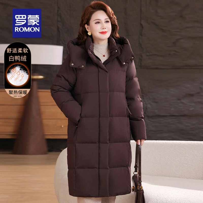 罗蒙中长款羽绒服女2025冬季新款中老年妈妈装厚款白鸭绒羽绒外套
