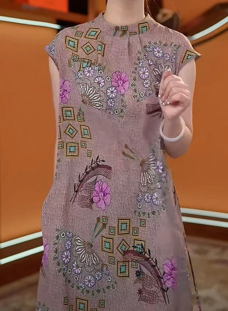 S新中式复古时尚印花裙2025夏季新款气质时尚无袖连衣裙