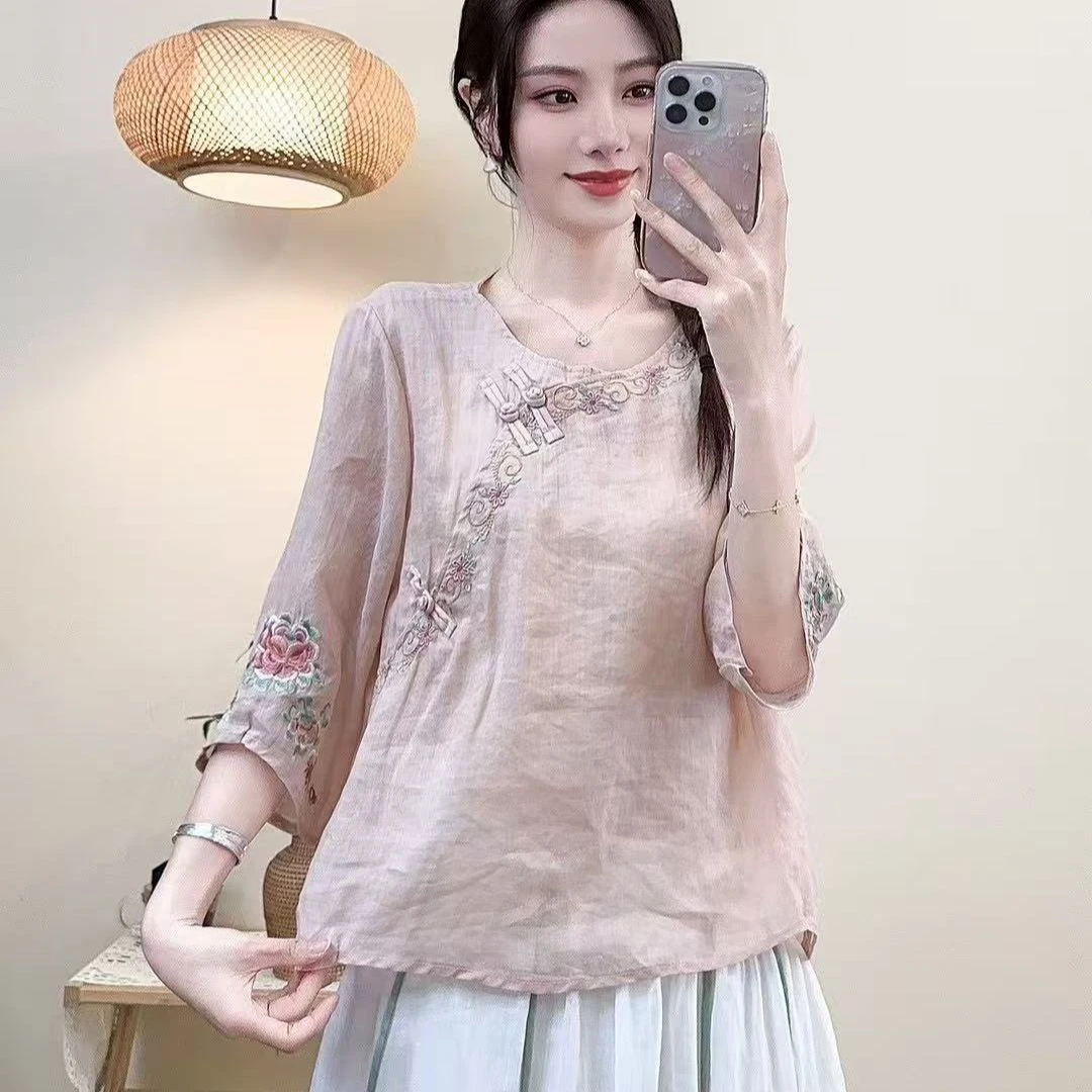 文艺夏季棉麻新款斜襟刺绣套头上衣女盘扣中国民族刺绣复古茶服