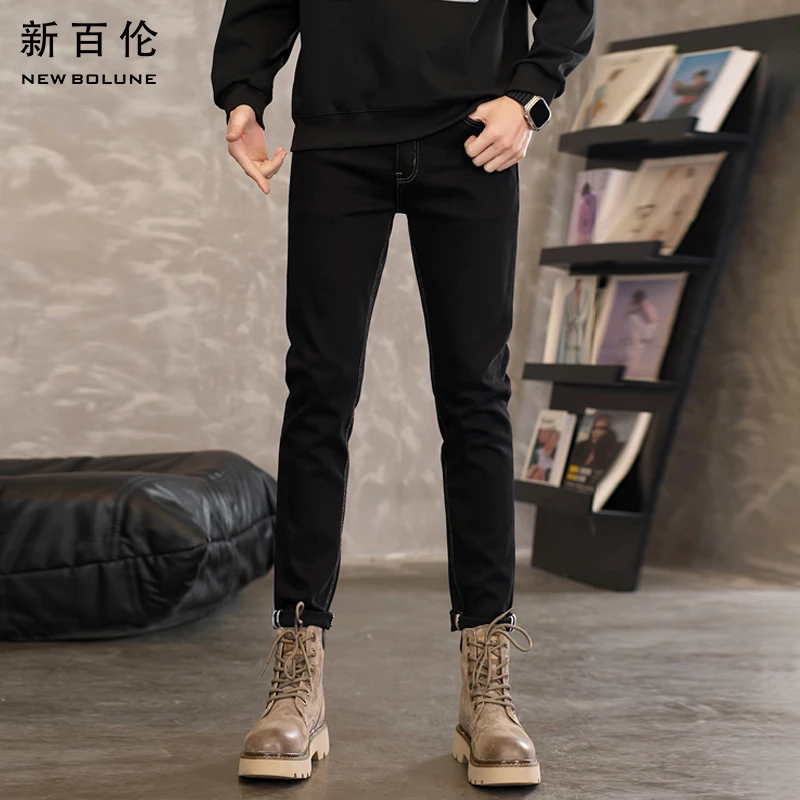新百伦秋冬墨黑色牛仔裤男2025年百搭休闲修身直筒男款潮流长裤子