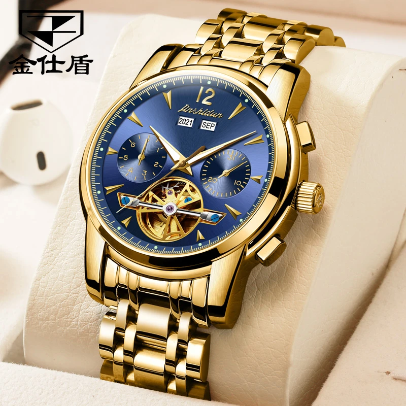 JSDUN/金仕盾新款高档金色手表男士机械表镂空夜光防水男表送爸爸