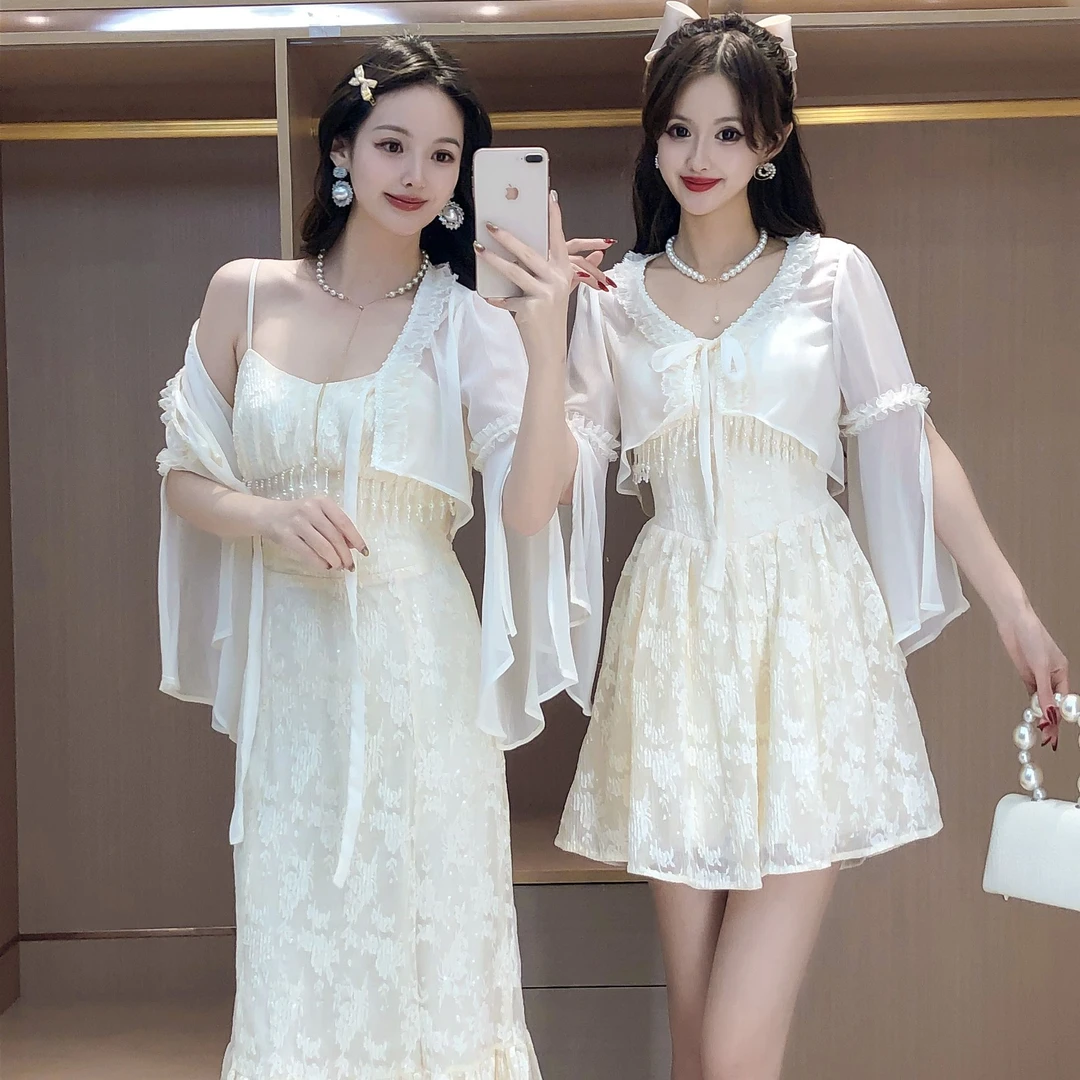 艾日秀春夏款欧若风流苏蕾丝吊带裙+花边开叉喇叭袖开衫套装F0010