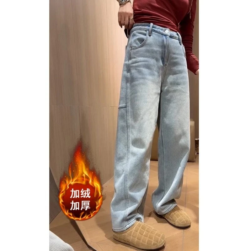 显瘦韩系洋气百搭牛仔裤女冬季新款加绒暗纹窄版直筒长裤