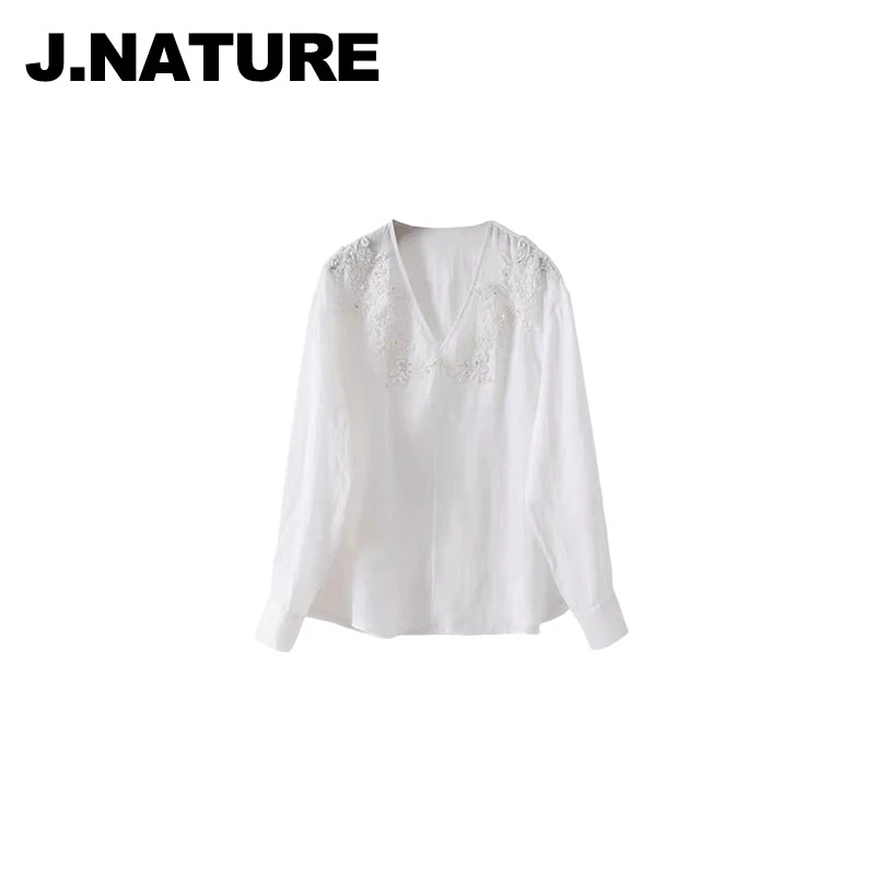 JUST NATURE ｜天丝亚麻衬衣【ED订单】法式优雅V领刺绣钉珠衬衫