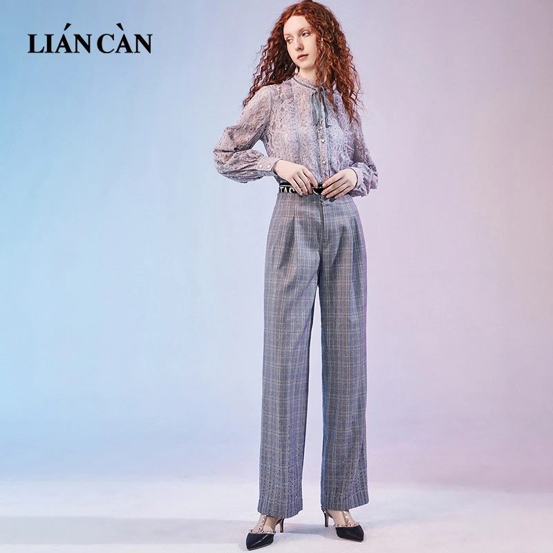 【莲灿】2024新百搭经典格纹印花烫钻阔腿裤梭织长裤7120457001