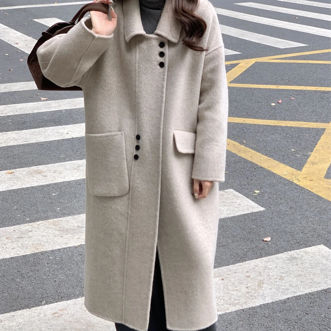 【羊驼毛】新款双面呢羊毛小个子大衣宽松韩版时尚中长款百搭外套
