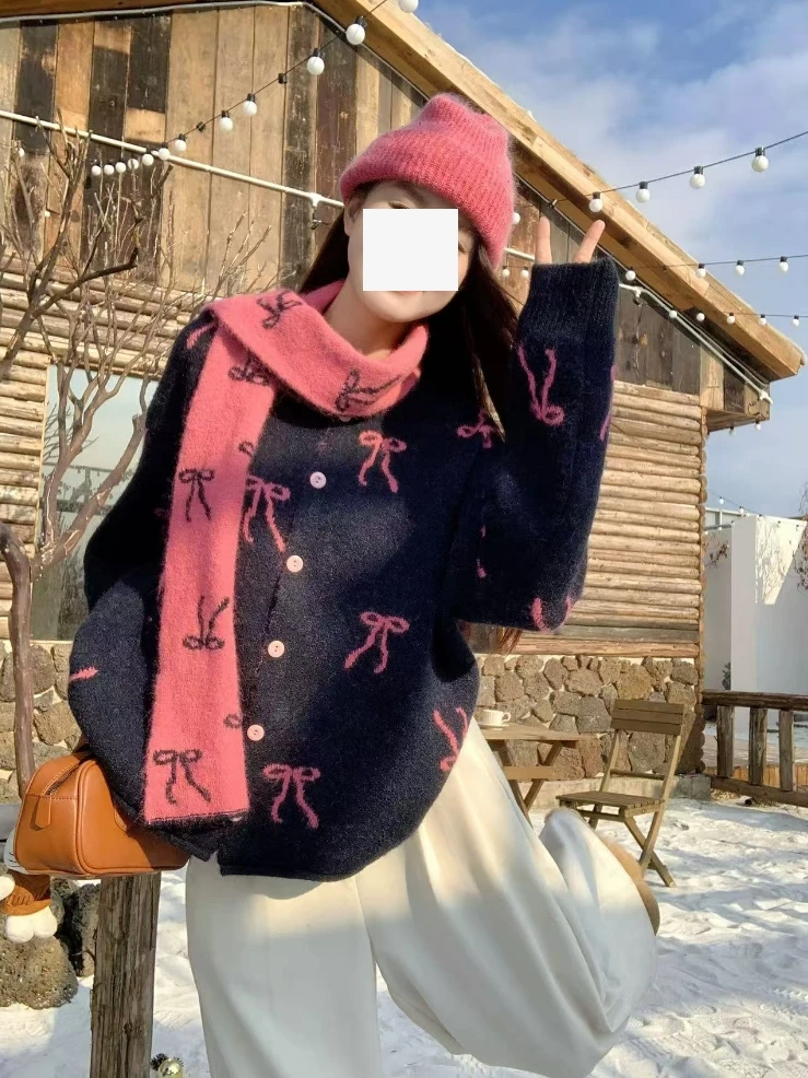 CCJ#8875#蝴蝶结针织毛衣配围巾开衫-两件套 FL