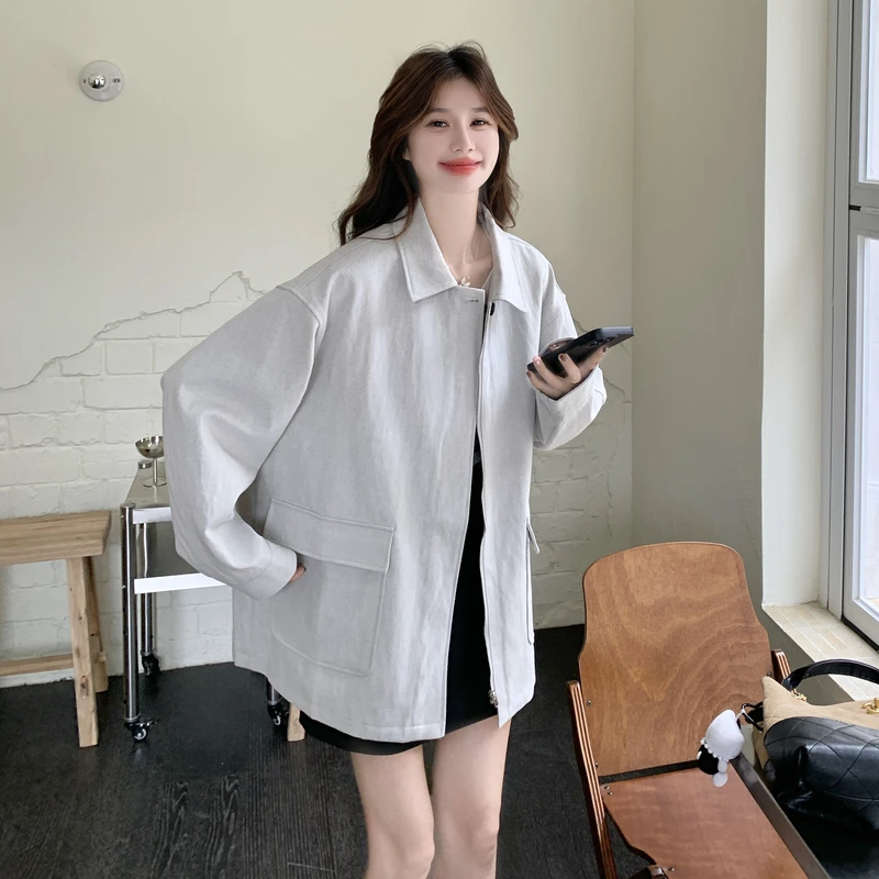 韩系灰色高级感工装夹克女2025秋季新款拼接翻领气质短款百搭外套