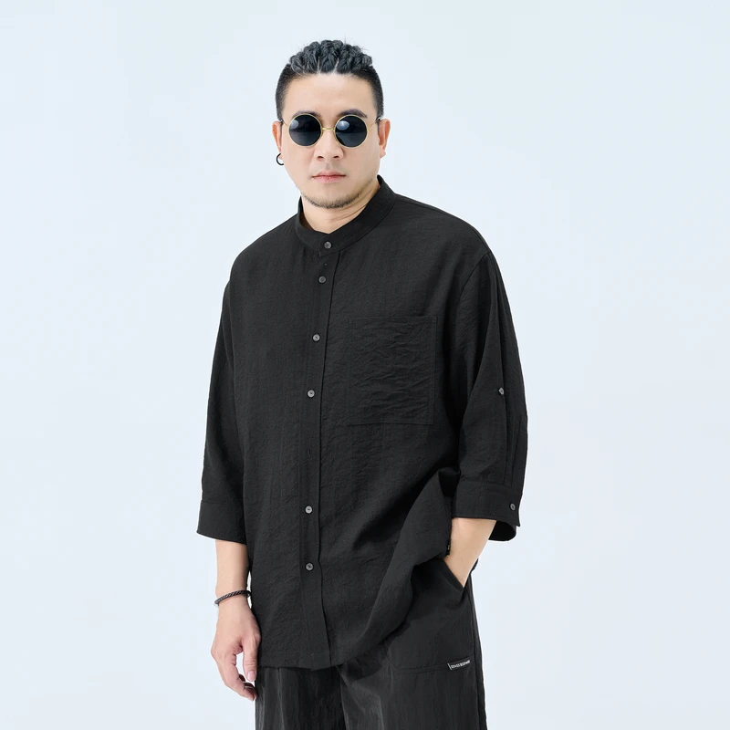 半墨大码男装冰丝凉感衬衫男款加肥加大新中式麻感七分袖衬衣3138