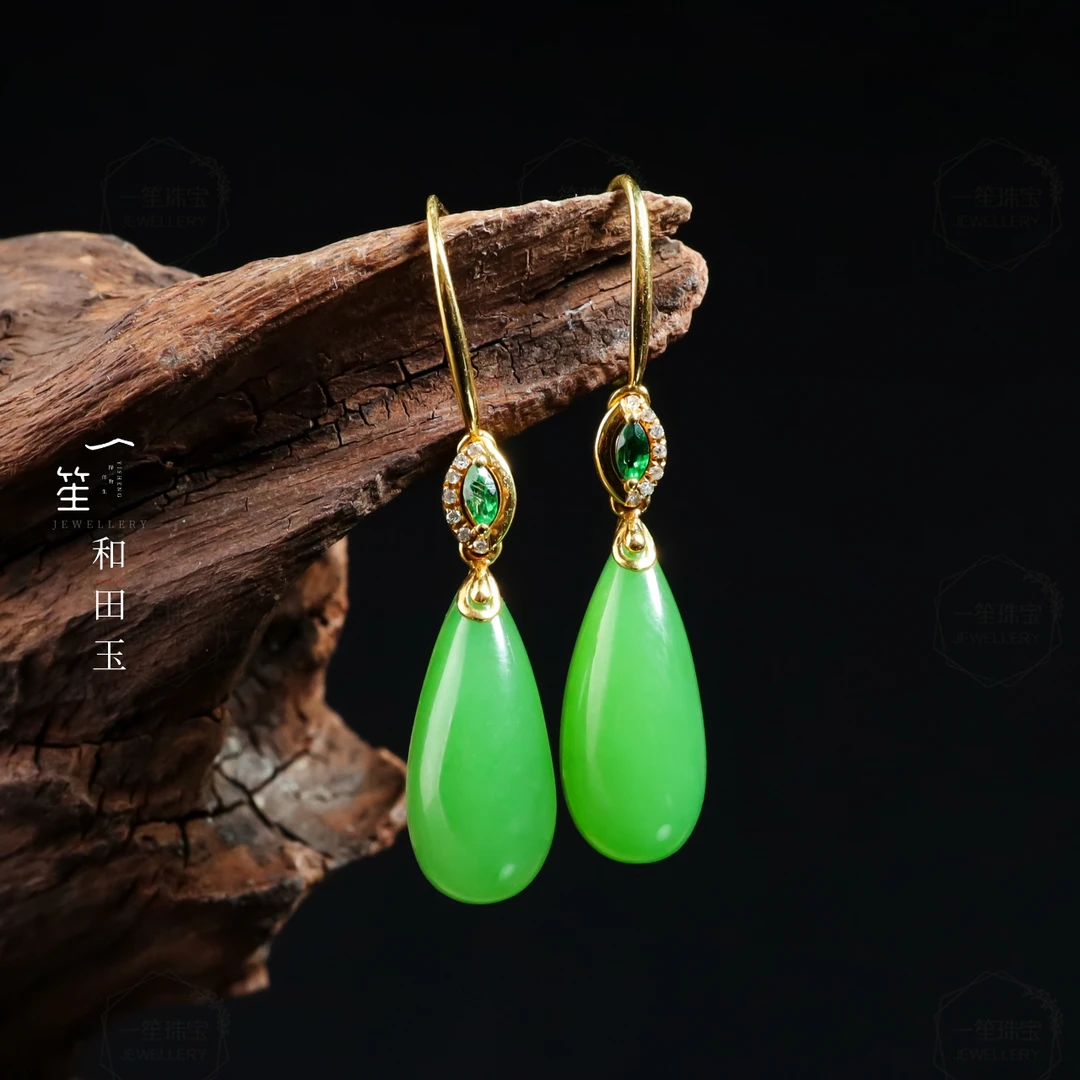 【一笙珠宝】天然和田玉碧玉苹果绿水滴耳钩18k金镶嵌 YS3682