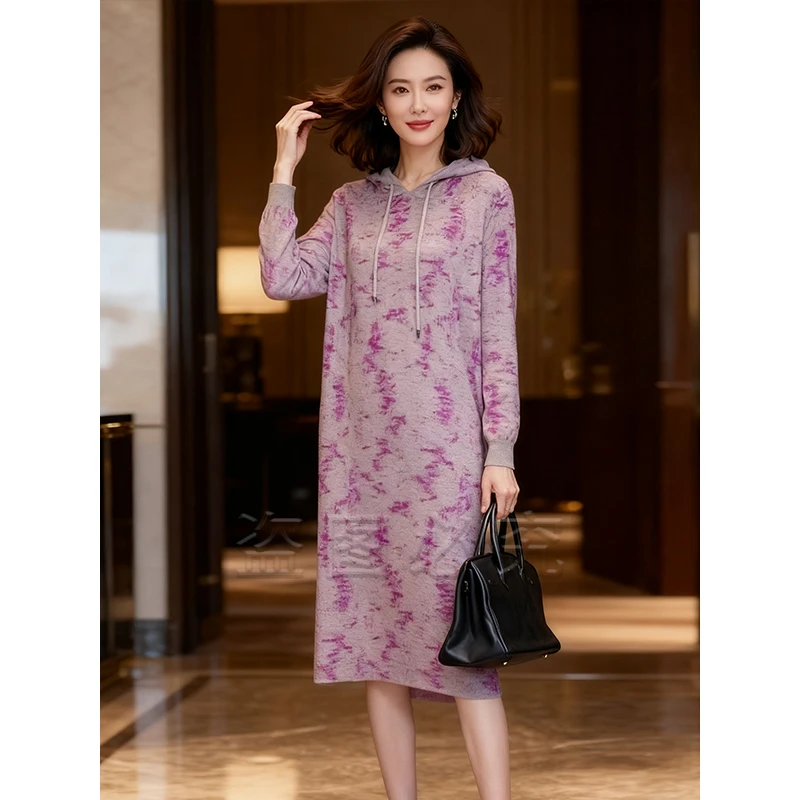 6107#时尚长袖印花连衣裙女春秋新款宽松印花卫衣裙针织连帽裙子