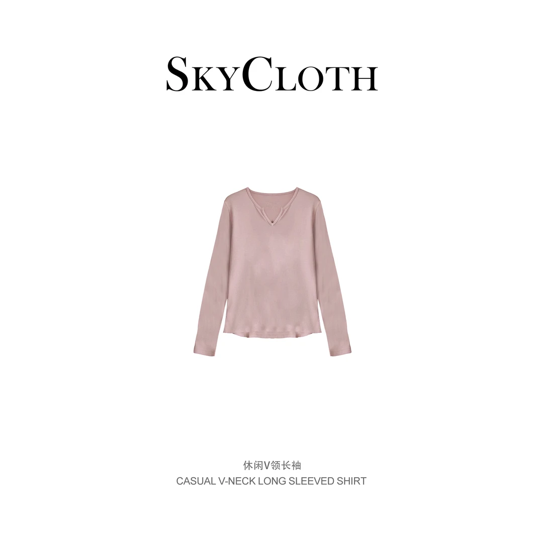 SkyCloth 春季新款小众设计感V领打底衫显瘦百搭简约舒适F25C1098